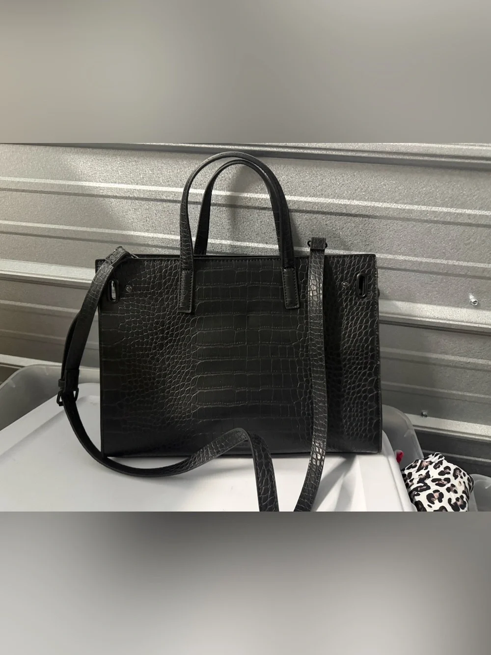 Aldo Black Croc-Embossed Convertible Satchel with Chain Trim
